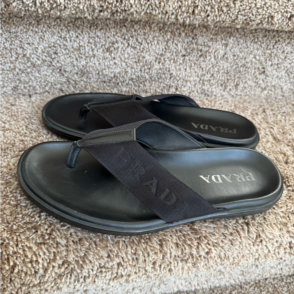 Prada Black Ballistics Gabric Leather Men's Flip-Flops